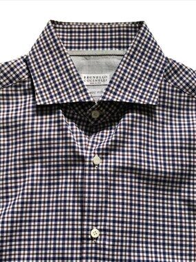 Brunello Cucinelli Check Button Down Shirt Mens Large Blue Maroon Basic Fit